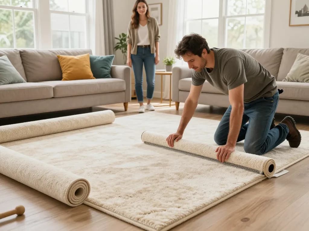Home carpet fitting services being expertly applied in a bright living room with stylish decor.