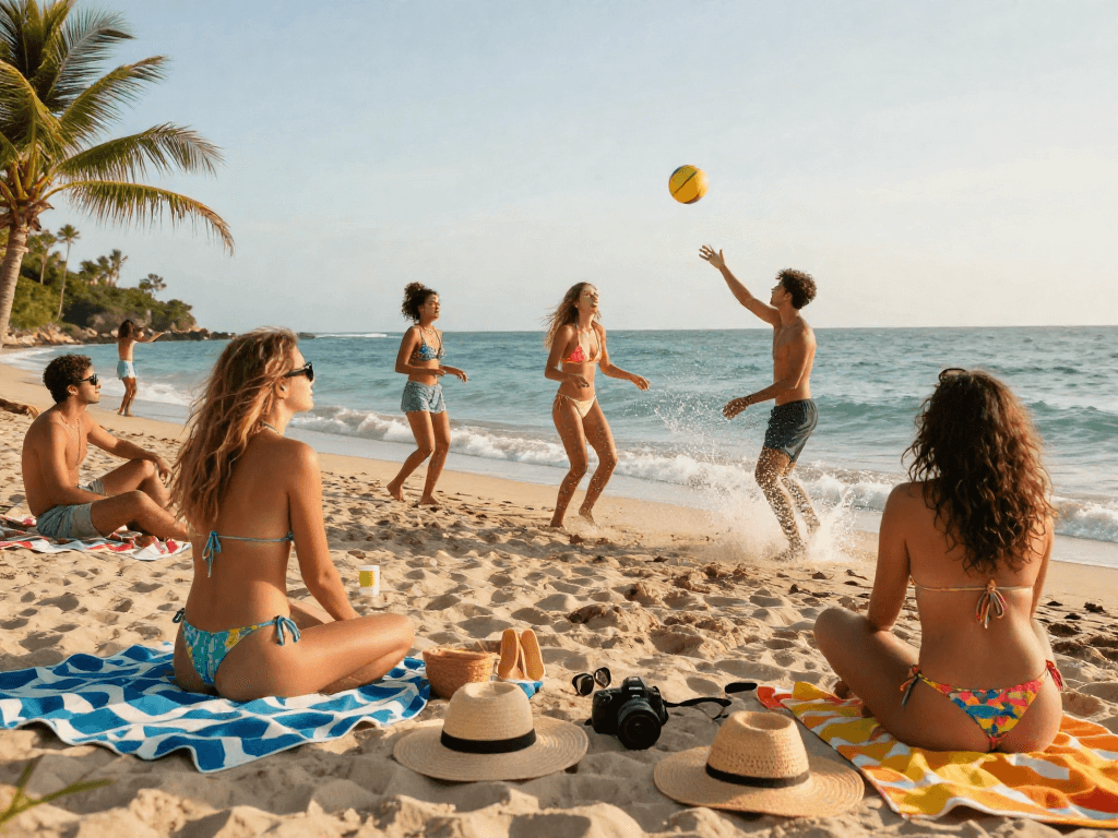 Friends enjoying summer fun with BIKINISLOT beachwear at a vibrant beach scene