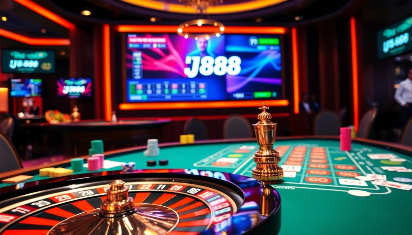 BJ88 casino scene with vibrant gaming table, roulette wheel, and live betting interface, exuding excitement.