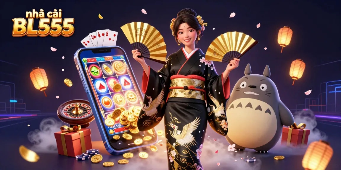 Engage in thrilling gameplay at nhà cái BL555 with vibrant scenes of slot machines, cards, and golden treasures.