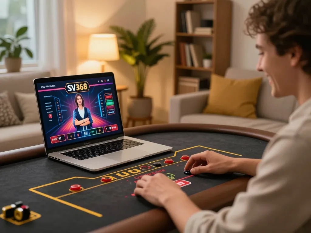 Play exciting SV368 casino games on a laptop in a cozy home setting, showcasing lively online gaming.