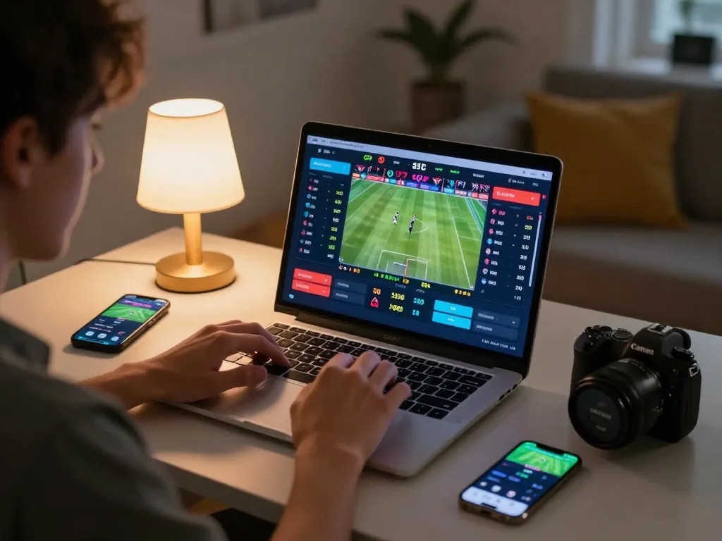 Engaging online sports betting setup showcasing ok365 app on laptop with dynamic live odds.