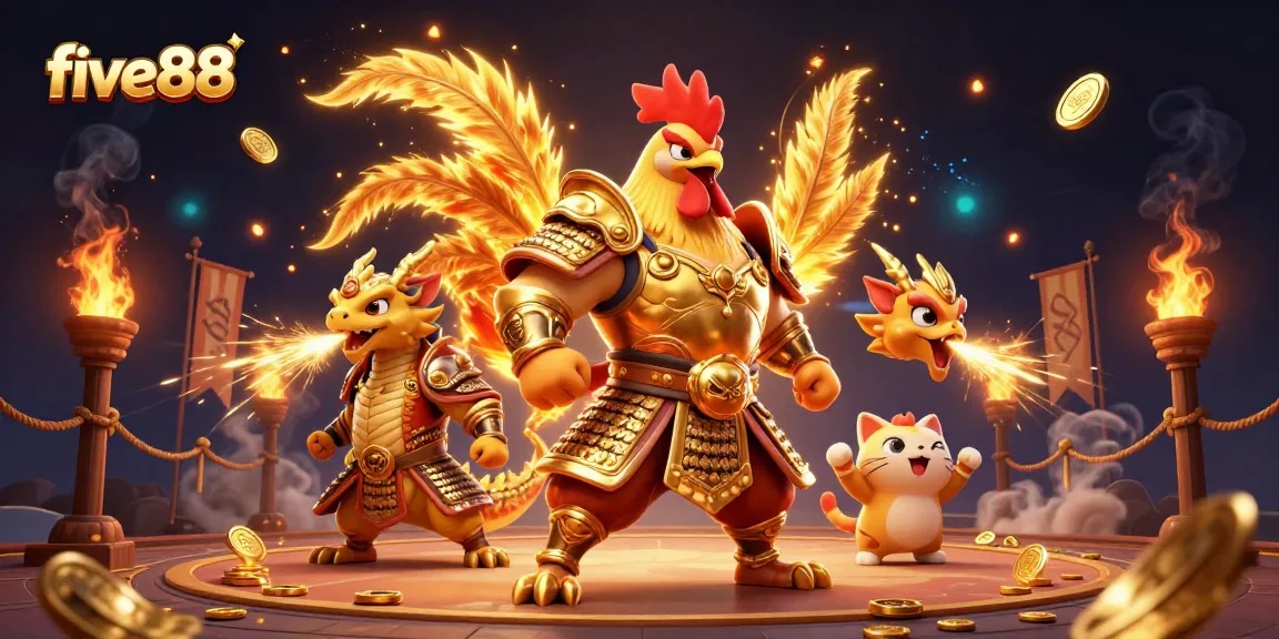 Experience thrilling gameplay at five88 with a vibrant 3D rooster warrior in a dynamic casino setting.