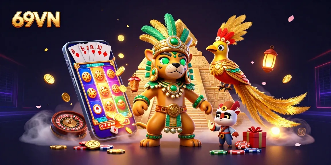 Spin to win at 69VN with vibrant slot games, golden coins, and exciting casino elements.