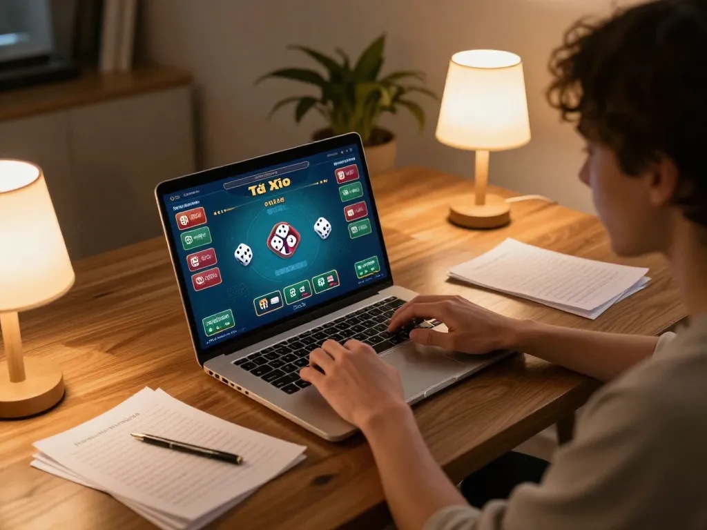 Tài Xỉu online gameplay on laptop with strategic betting notes in a cozy home setting