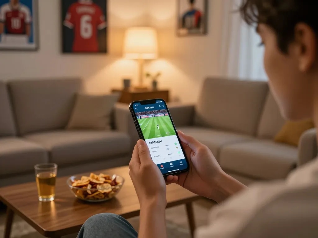 Engaging viewer using the cakhiatv app to watch live football matches in a cozy setting.