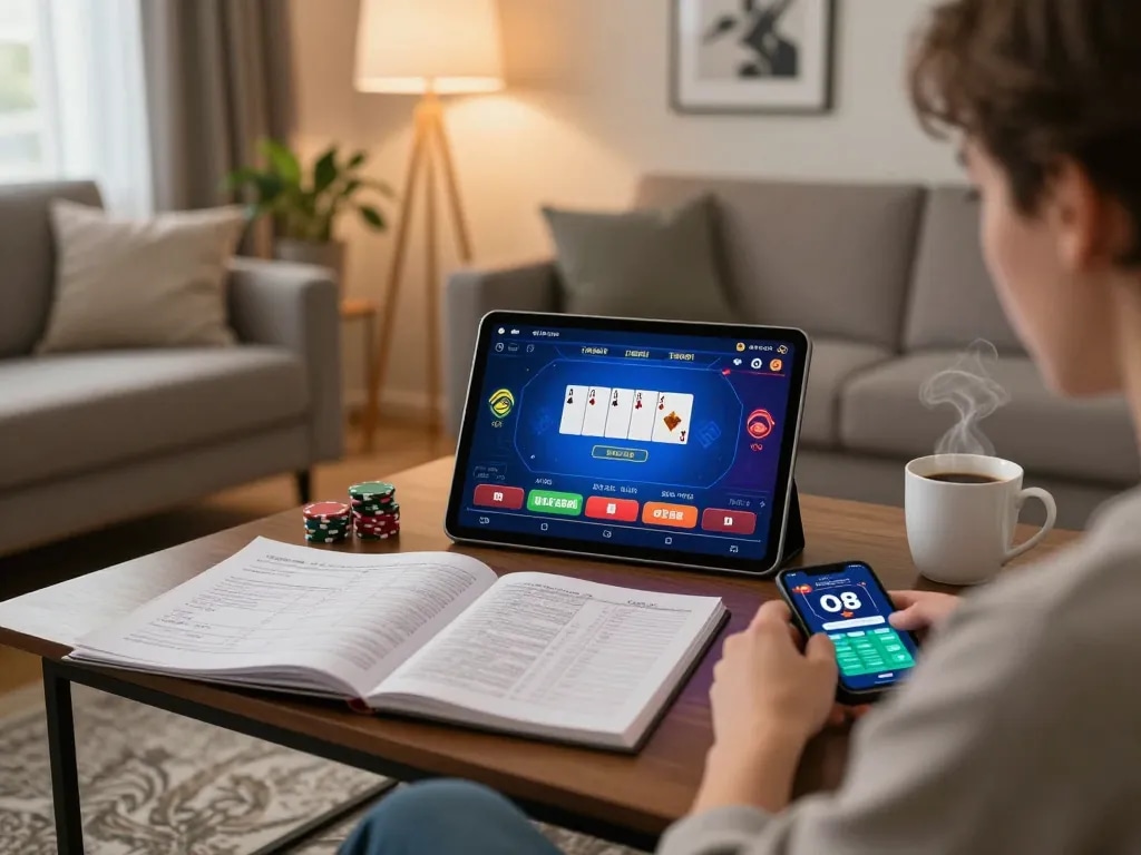O8 online gaming experience with a player concentrating on poker strategies on a tablet.