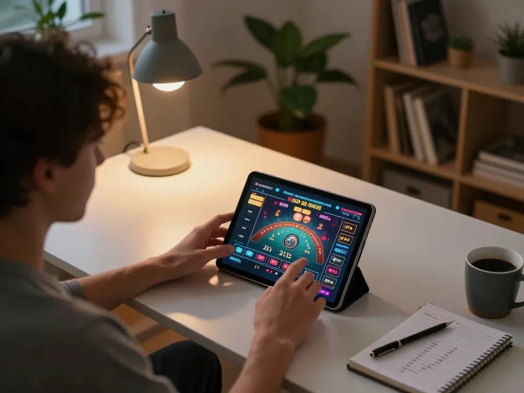 Engaging gameplay at a legit online casino on a tablet in a cozy home setting