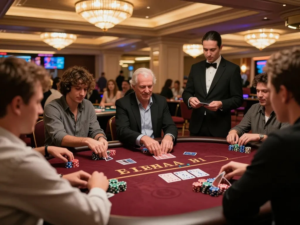 Players strategizing their bets at a 23win poker table, immersive casino atmosphere with vibrant lighting.