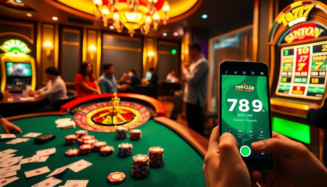 A vibrant casino scene showcasing the 789club app alongside a poker table and slots, emphasizing excitement and luxury.