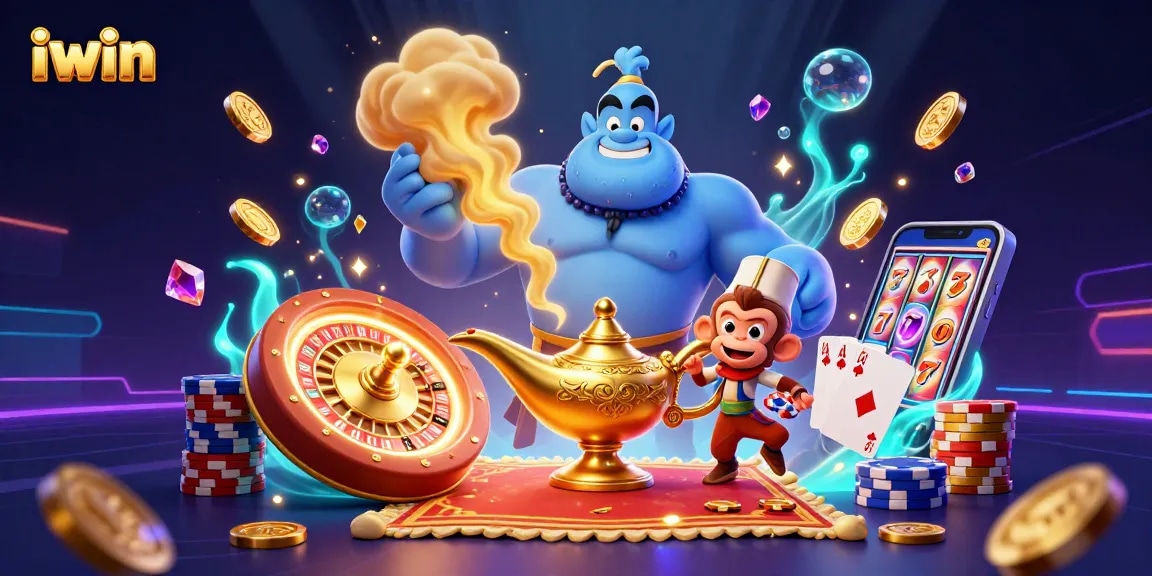 Experience the magic of iwin with a vibrant casino scene featuring a strong genie and playful monkey.