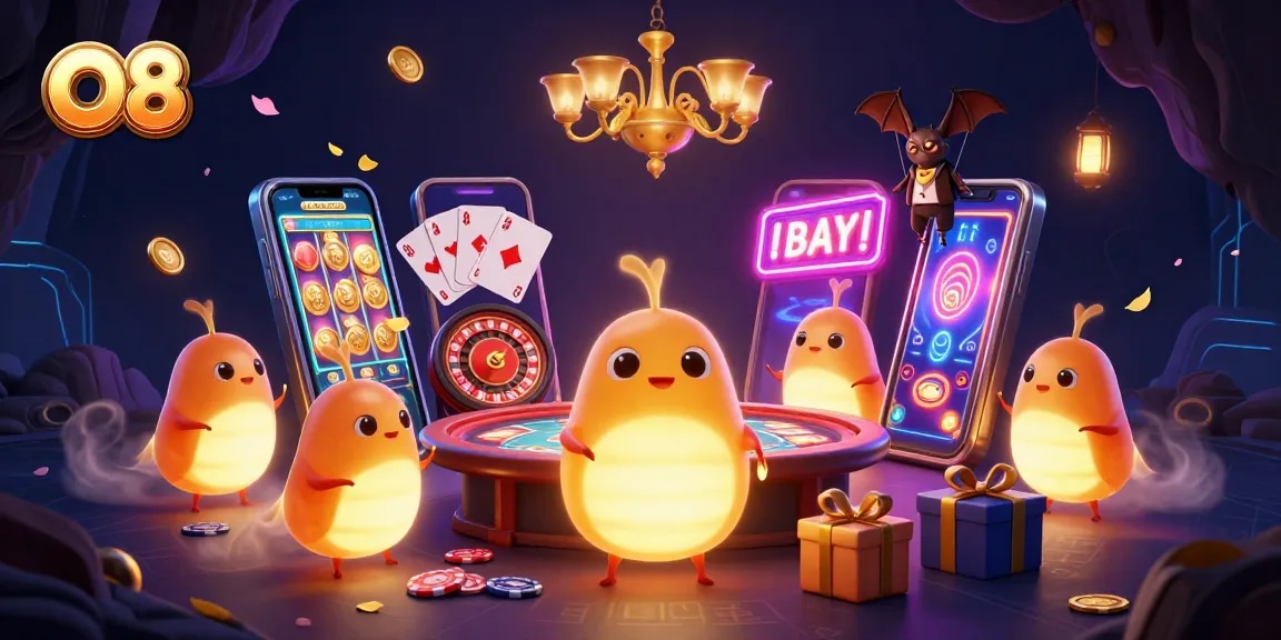 Experience exciting gaming with O8 in a vibrant cave casino illuminated by glowworms and unique game elements.