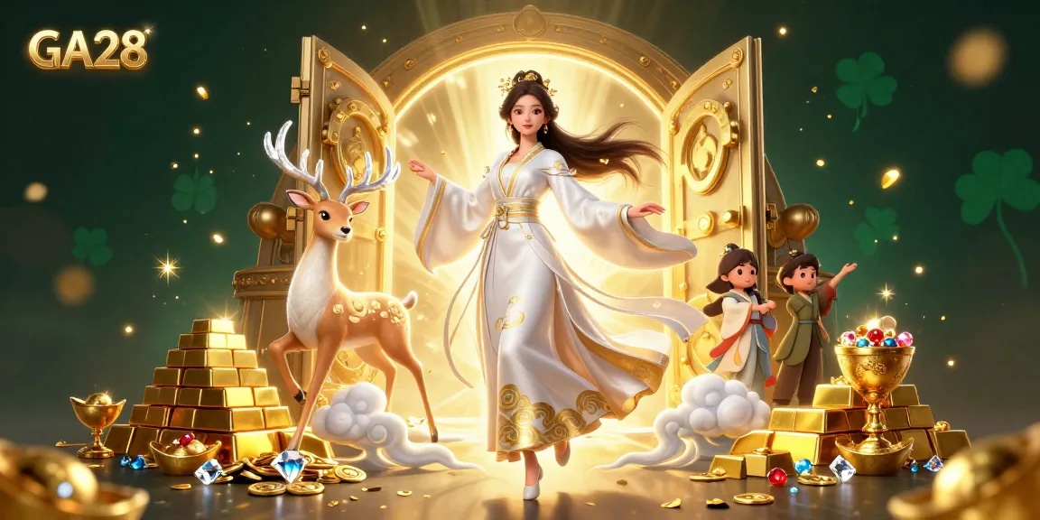 Experience winning strategies at GA28 with vibrant casino-themed 3D illustration showcasing luxurious treasures.
