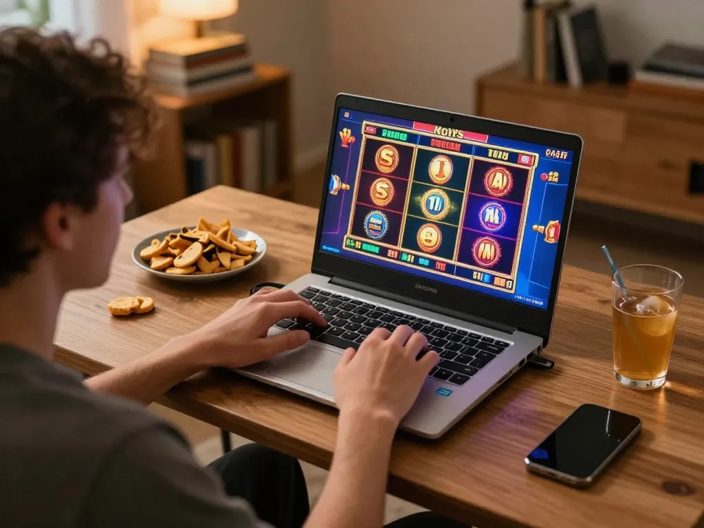 Engaging in Slot Malaysia gaming on a laptop at home, showcasing a vibrant slot screen and relaxed atmosphere.