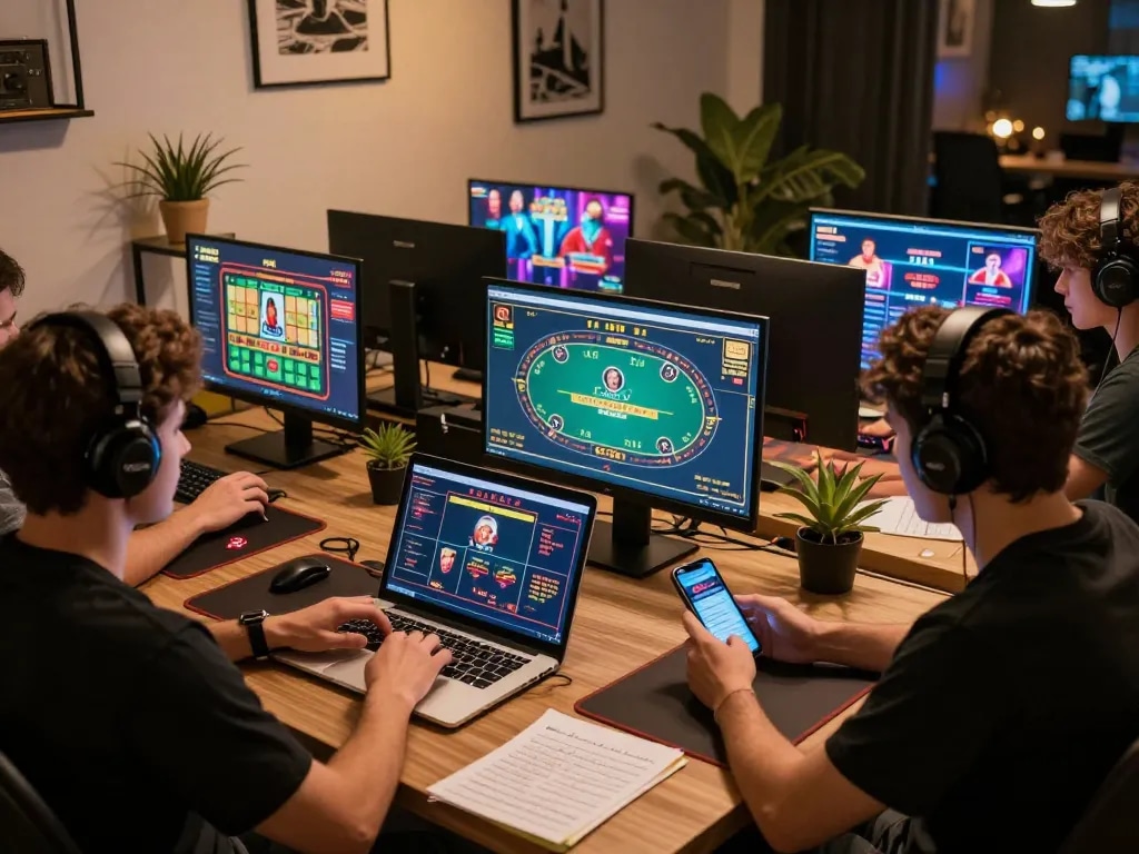 Player using laptop for mb66 online casino game with vibrant screens, emphasizing strategic gameplay