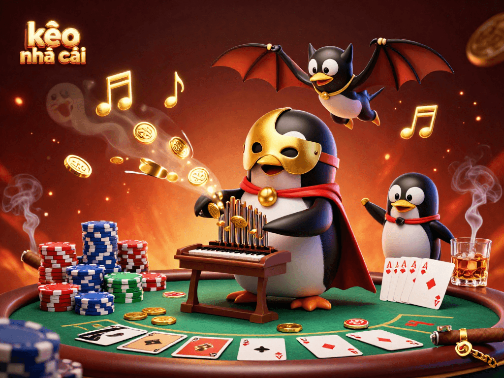 Experience thrilling kèo nhà cái action with a penguin playing the organ amidst poker chips and joyful casino celebration.
