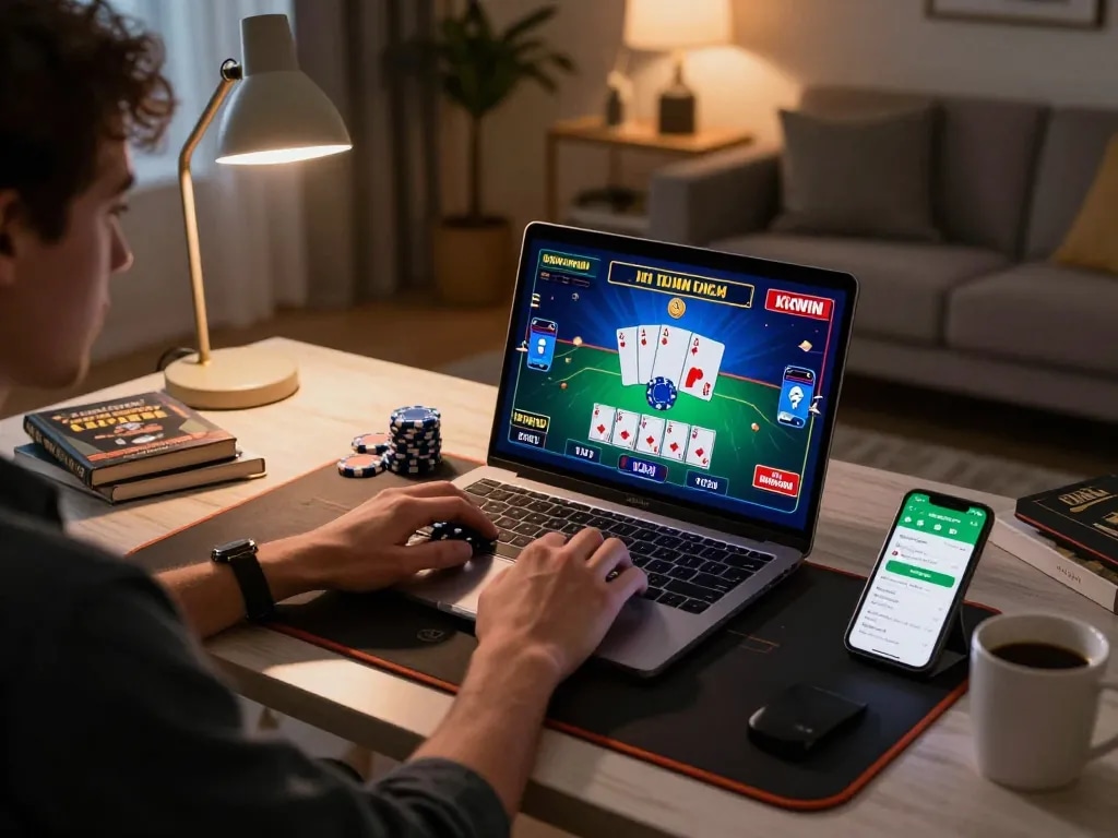 Player enjoying online games at KKWIN, laptops showcasing vibrant casino graphics, cozy home gaming atmosphere.