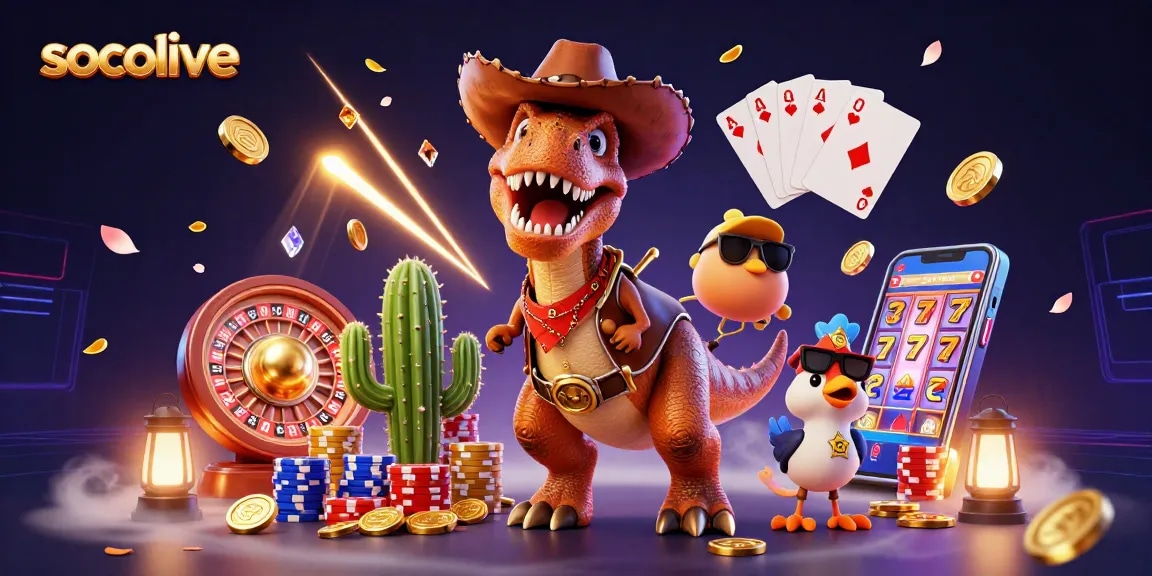 Experience socolive football streaming with vibrant 3D characters amid casino elements, dynamic energy and rich visuals.