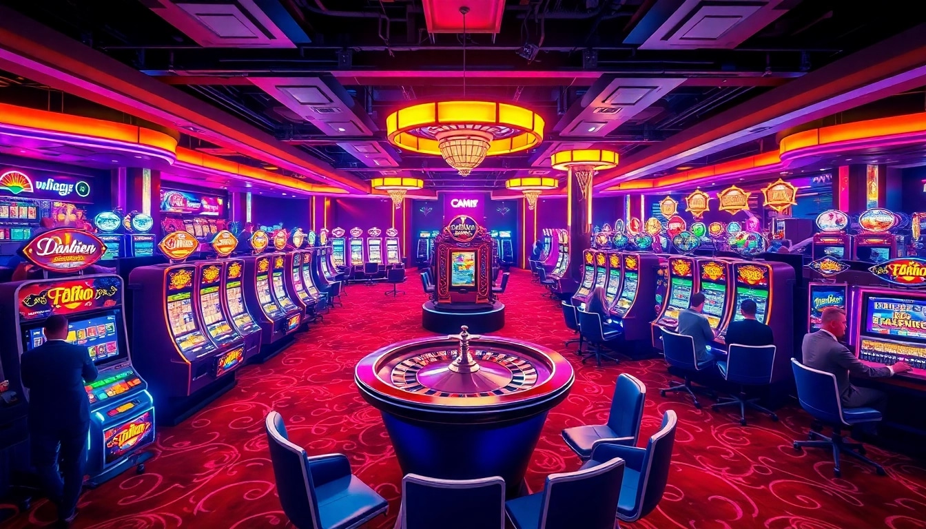 Engaging gaming atmosphere at RR88 casino with players enjoying vibrant slot machines.