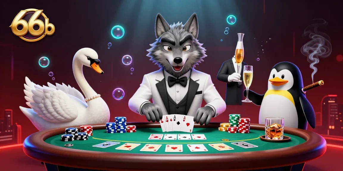 66b showcases a debonair wolf, elegant swan, and penguin sommelier at a dynamic baccarat table