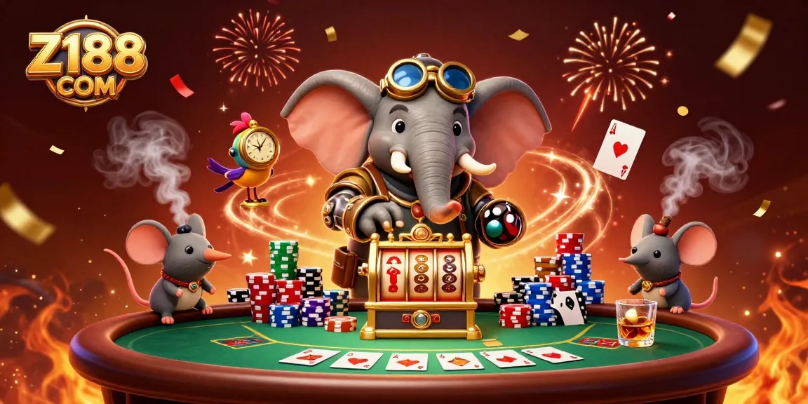 Z188 COM showcases a steampunk elephant engineer winning at the slot machine amidst vibrant casino elements.