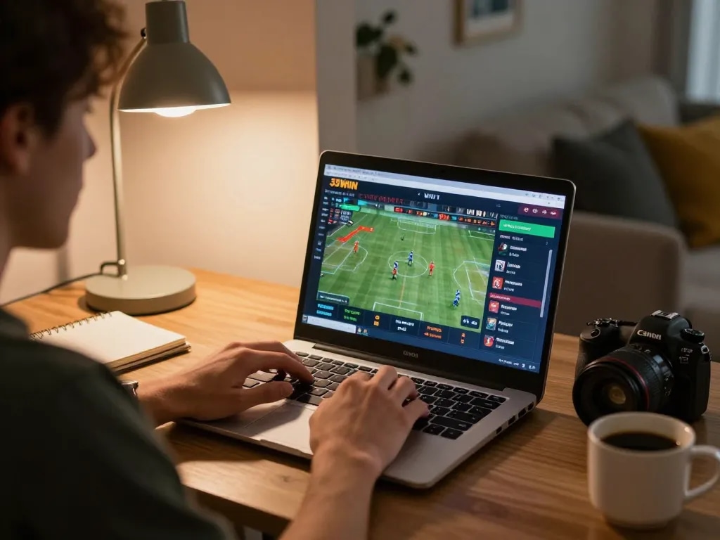 Engaged player using 33WIN for sports betting on a laptop with strategic tools nearby.