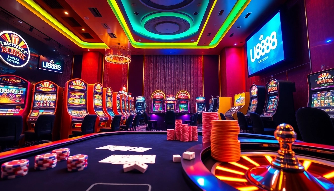Experience the exhilarating thrill of U888 casino with vibrant tables, cards, and lights in a luxurious online gambling setting.