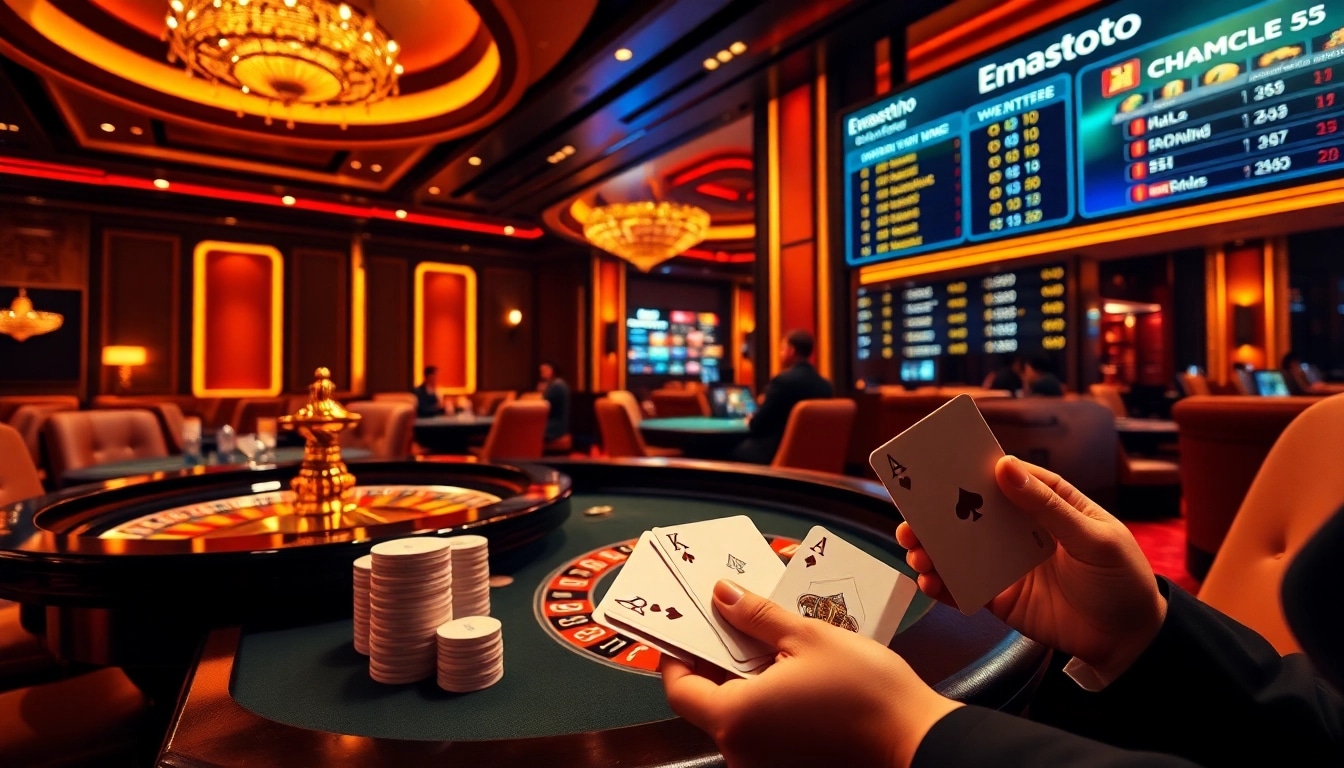 Players enjoying a thrilling game at Emastoto casino with roulette table and poker cards.