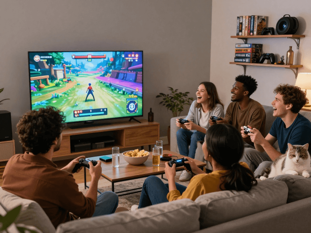 Engaging gaming scene showcasing adults enjoying game sex interactions in a cozy living room.