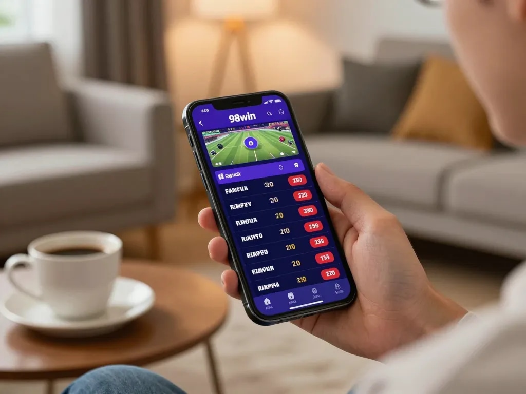 Engaging with the 98win app for live sports betting in a cozy home setting.