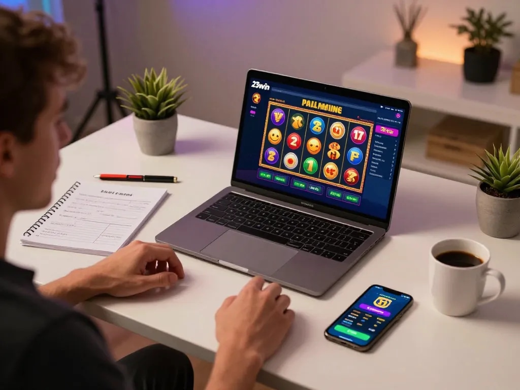 Player enjoying online casino gaming at 23win with vibrant interface and cozy setup.