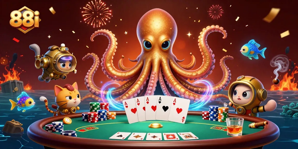 Engage with thrilling games at 88i casino, featuring a kraken and diving cat in an immersive 3D illustration.