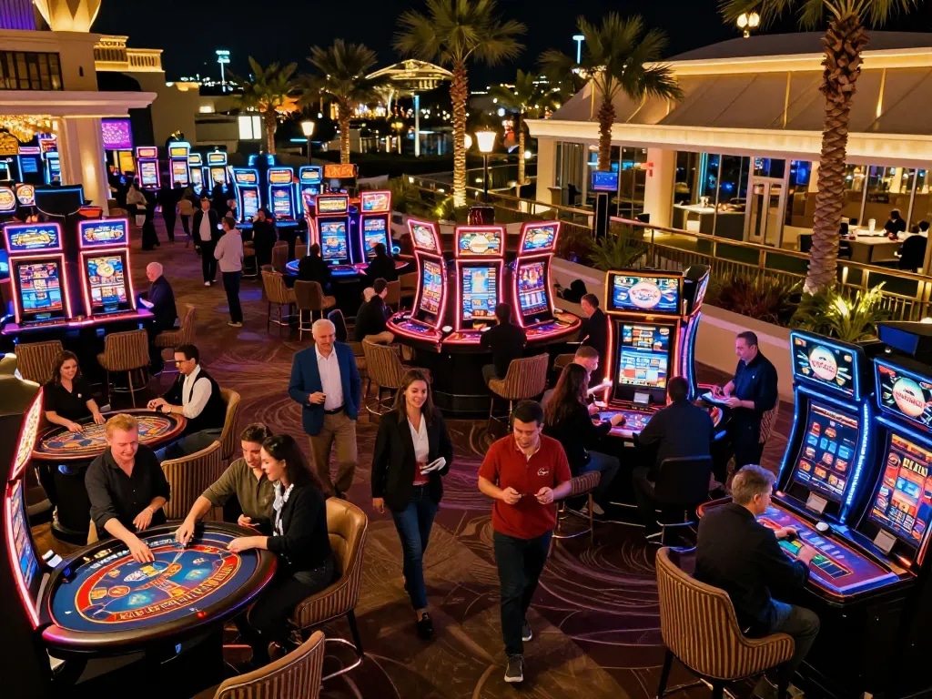 Players enjoying vmax casino games under vibrant neon lights in a lively outdoor setting.