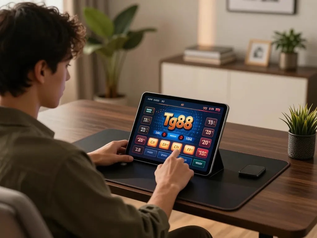 Tg88 player engaging in online gaming with dedicated tablet setup in cozy environment.