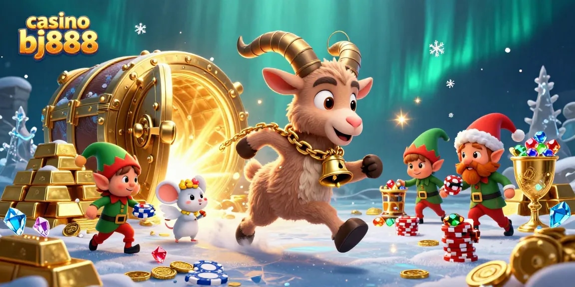 Engage with casino bj888's thrilling gaming scene featuring Krampus at a vibrant festive casino.