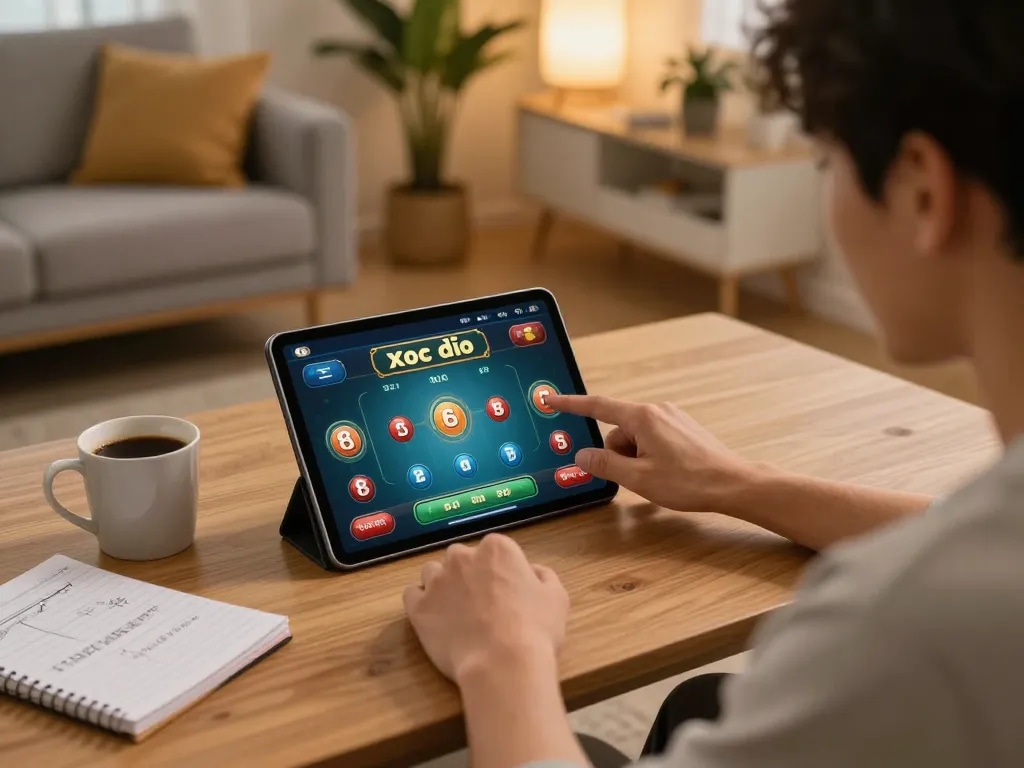 Xóc đĩa gameplay shown on a tablet, highlighting strategic betting decisions in a cozy home setting.