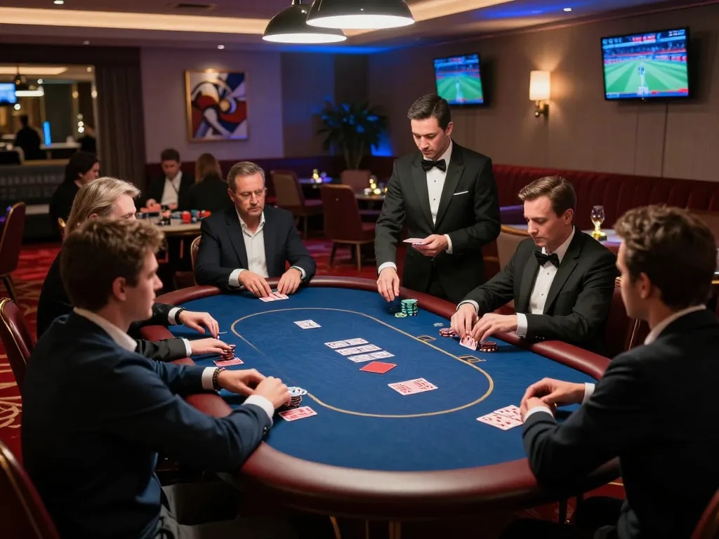 Players engaged in competitive poker game at upscale casino showcasing strategic gameplay and hm88 betting dynamics