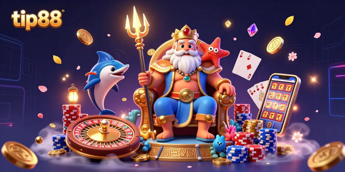 Spin big with tip88 in this vibrant casino scene featuring Neptune and dynamic gaming elements.