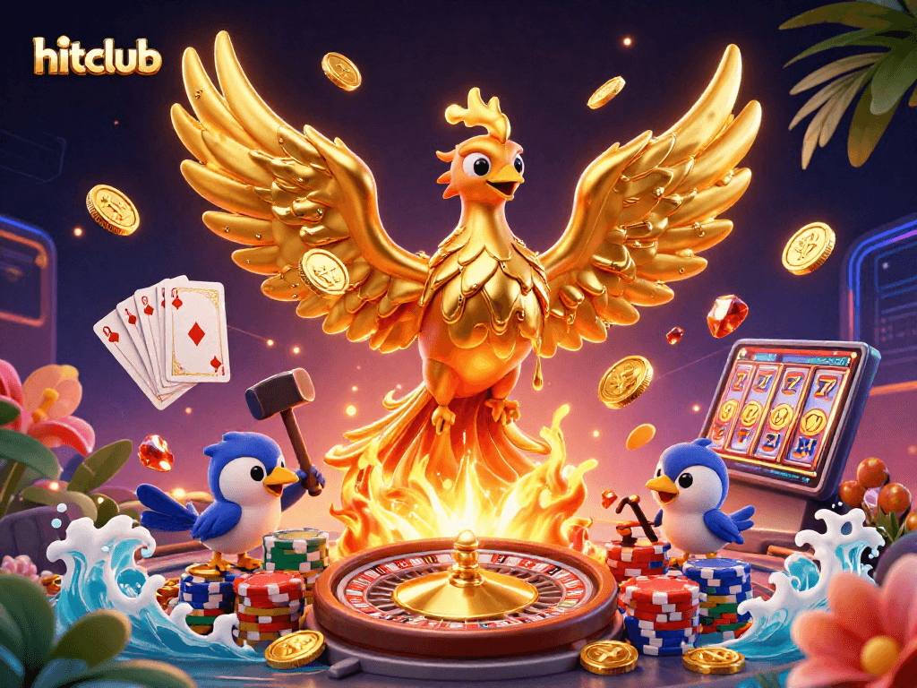 Join the hitclub as golden coins cascade from a molten phoenix in this vibrant casino scene.