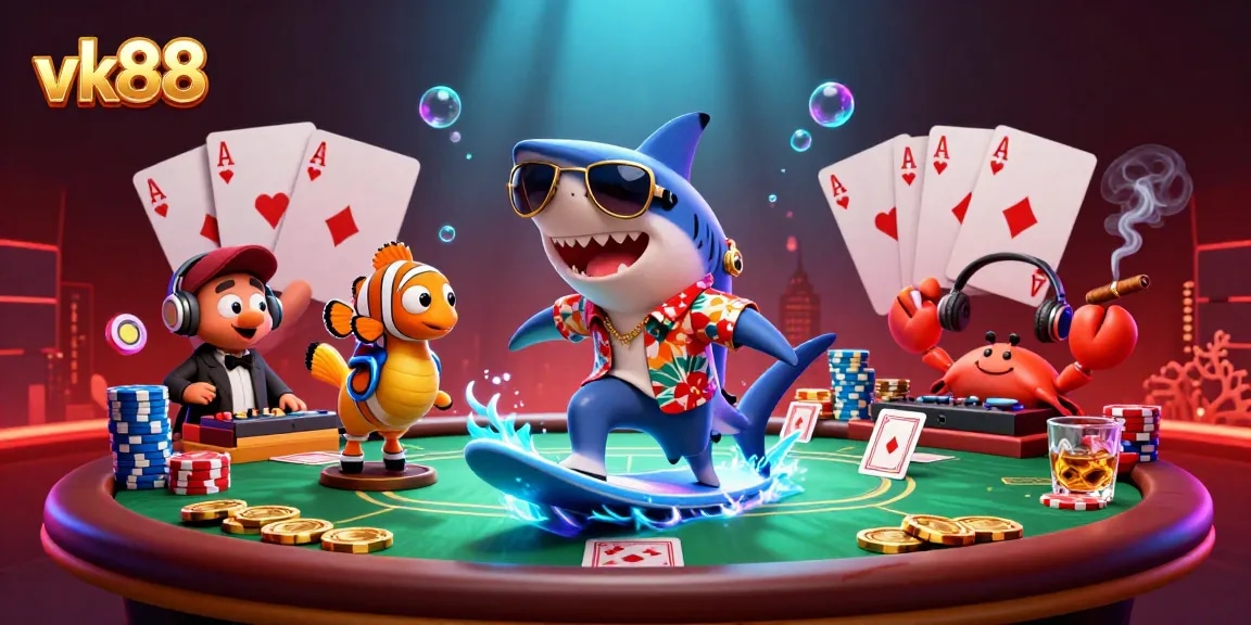Experience thrilling poker action with vk88's vibrant 3D casino scene featuring dynamic characters.