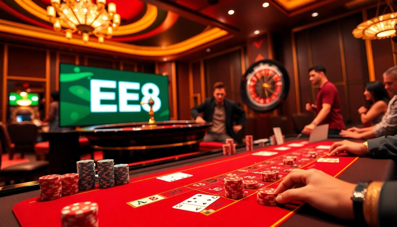 Players engaging in high-stakes gambling at the vibrant EE88 casino table.