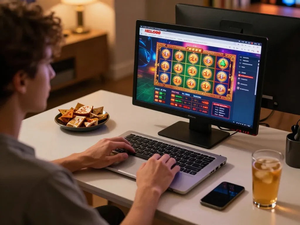 Player enjoying HELLO88's online casino games on a laptop in a cozy home setting