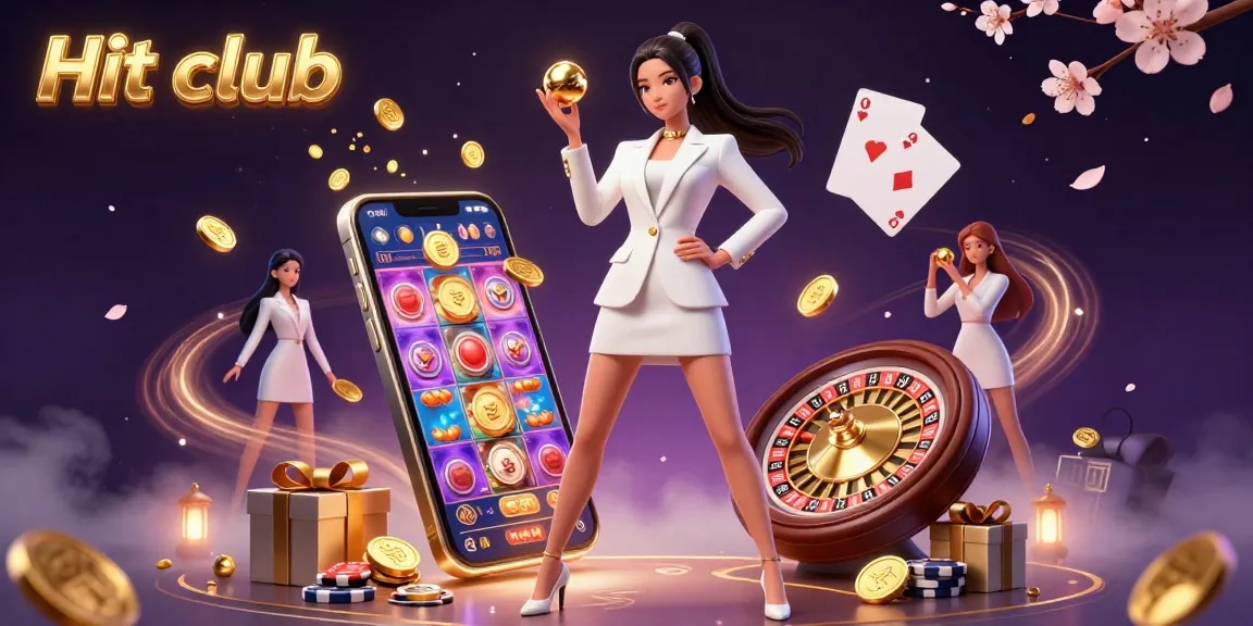 Experience the excitement of Hit club as players engage with vibrant slot games and a golden roulette.