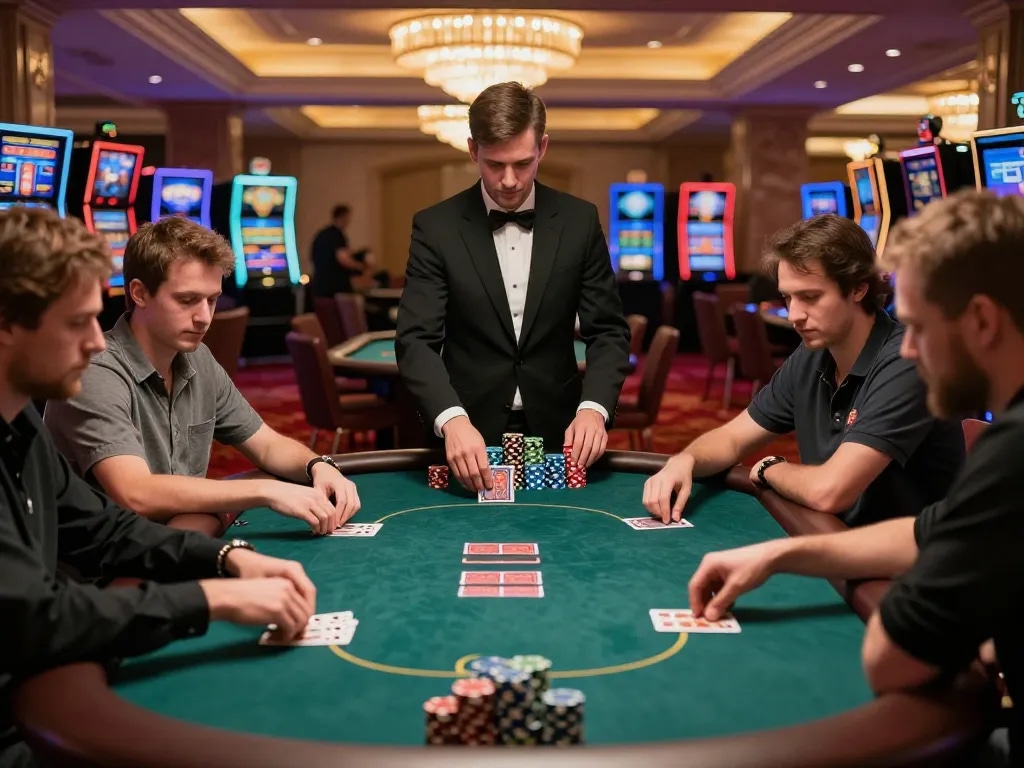 VA88 poker game in action featuring players and dealer amidst vibrant casino atmosphere