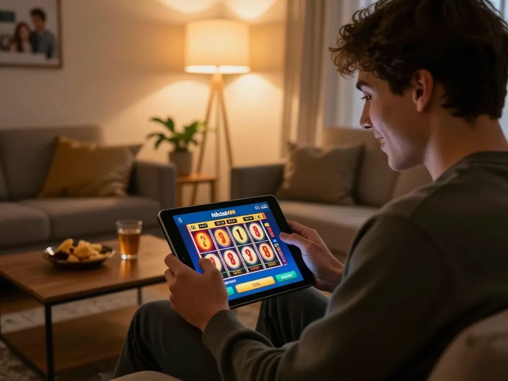 Engaging with hitclub368 online slots on a tablet at home, highlighting a cozy gaming atmosphere.