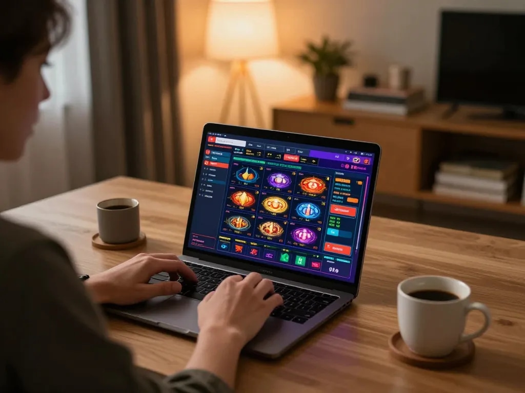 Engaging scene of go8 online gaming at home with a player focused on casino games