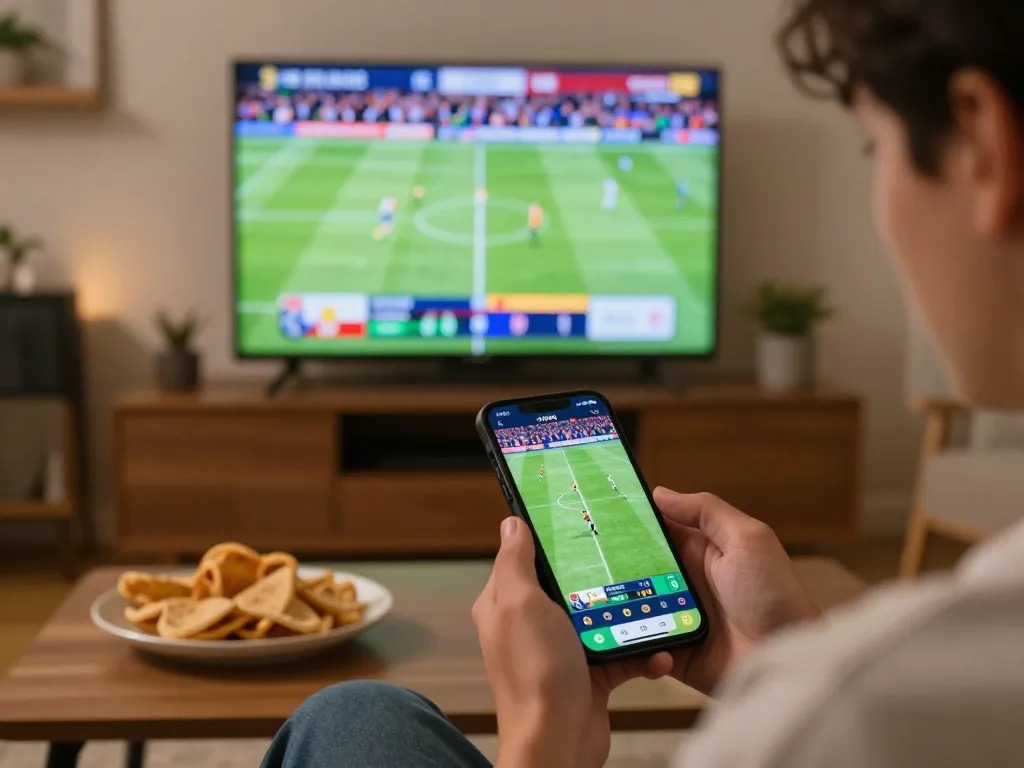 Placing live sports bets while checking ผลบอล scores on a smartphone in a cozy setting