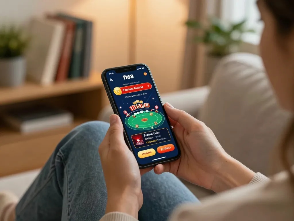 Engaging with f168 mobile app for online gambling in a cozy home environment.