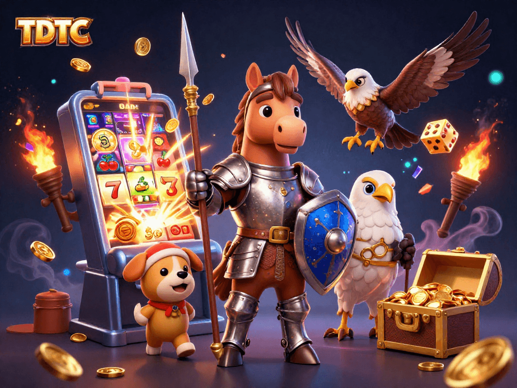 Experience the thrill of TDTC as a knight, squire, and falcon celebrate a jackpot in a vibrant casino scene.