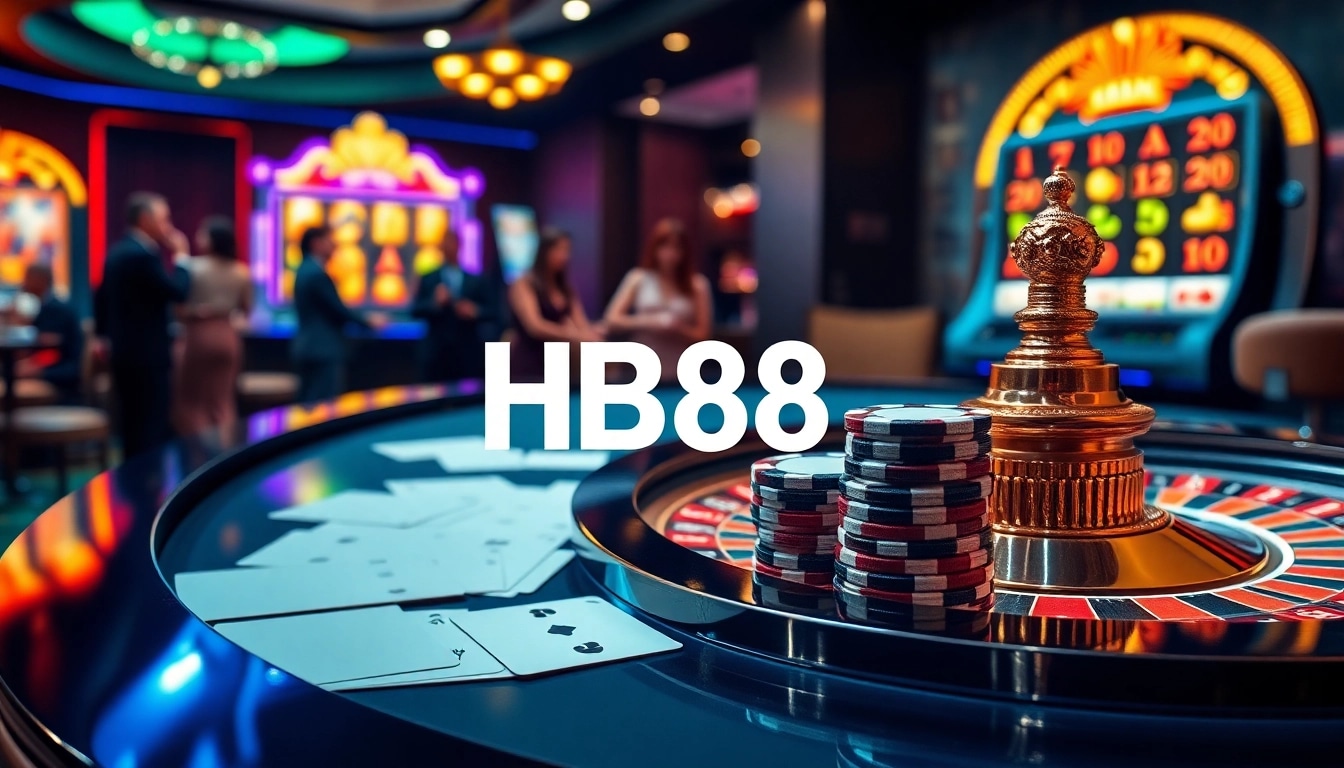 Excitement builds around HB88 with casino patrons engaged at a roulette table and slot machine.